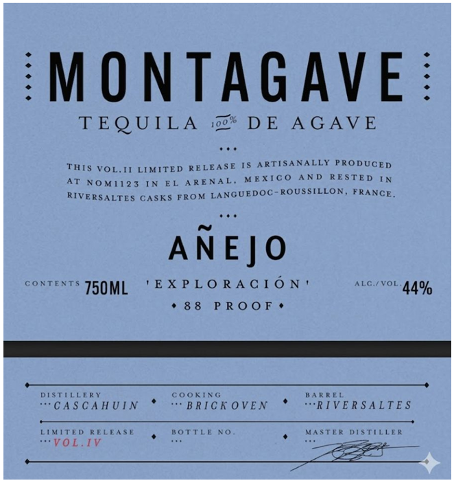 TABC label artwork for Montagave Tequila 100% De Agave Anejo