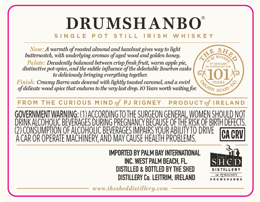 TABC label artwork for DRUMSHANBO SINGLE POT STILL IRISH WHISKEY 10YO